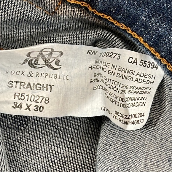 ROCK & REPUBLIC STRAIGHT FIT DISTRESSED BLUE DENIM JEANS SIZE 34x30 - Picture 9 of 10